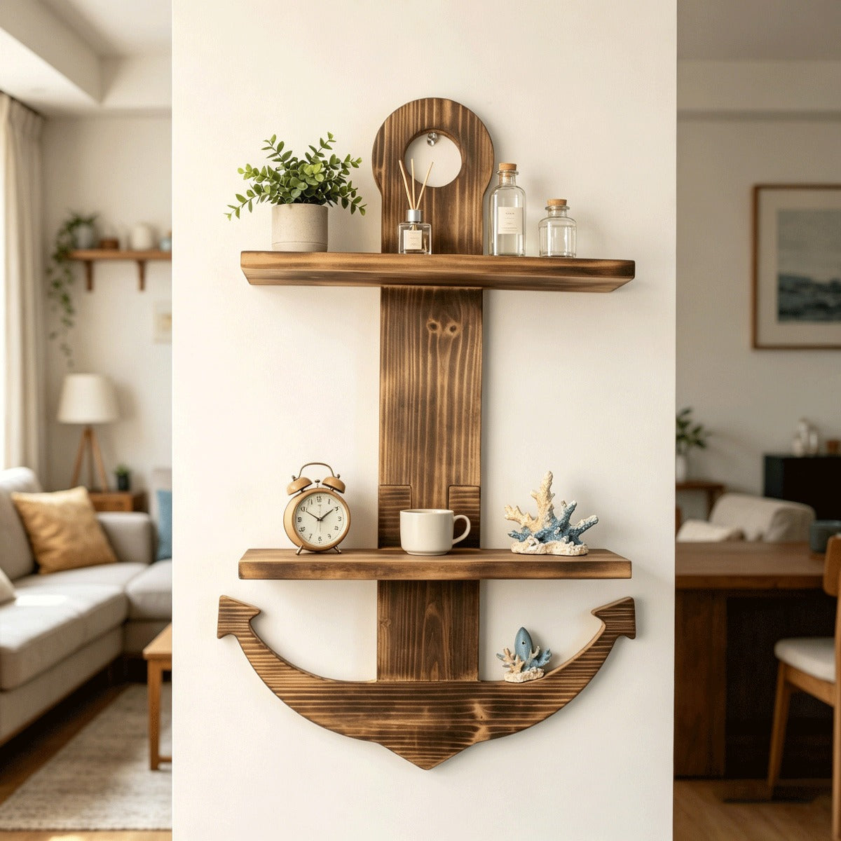 Floating Wall Shelves Solid Wood 2-Tier Nautical Anchor Shelf Handcrafted Heavy Duty Wall Mounted Organizer for Bedroom Living Room Bathroom