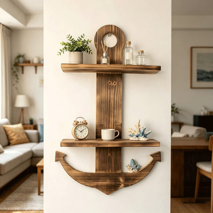 Floating Wall Shelves Solid Wood 2-Tier Nautical Anchor Shelf Handcrafted Heavy Duty Wall Mounted Organizer for Bedroom Living Room Bathroom