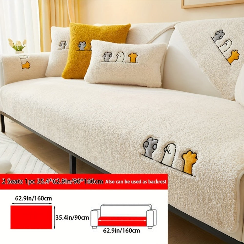 Sofa Cover Thick Plush Shearling Panels with Animal and Bone Embroidery and Backing Detail for 2 to 4 Seats