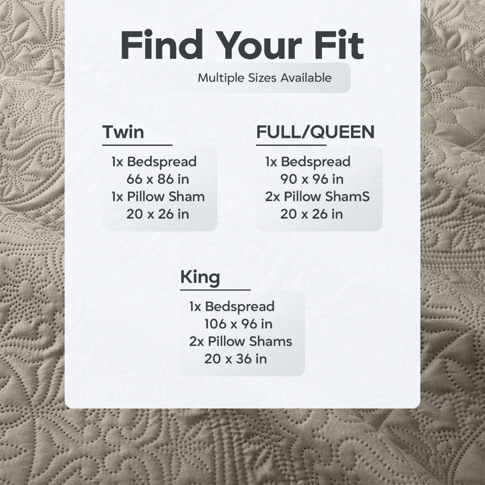 Floral-Pattern Three-Piece Bedspread Set in 16 Colors with Twin, Queen, King and California King Sizes