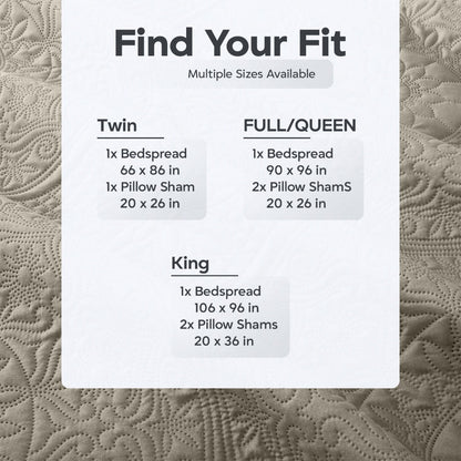 Floral-Pattern Three-Piece Bedspread Set in 16 Colors with Twin, Queen, King and California King Sizes
