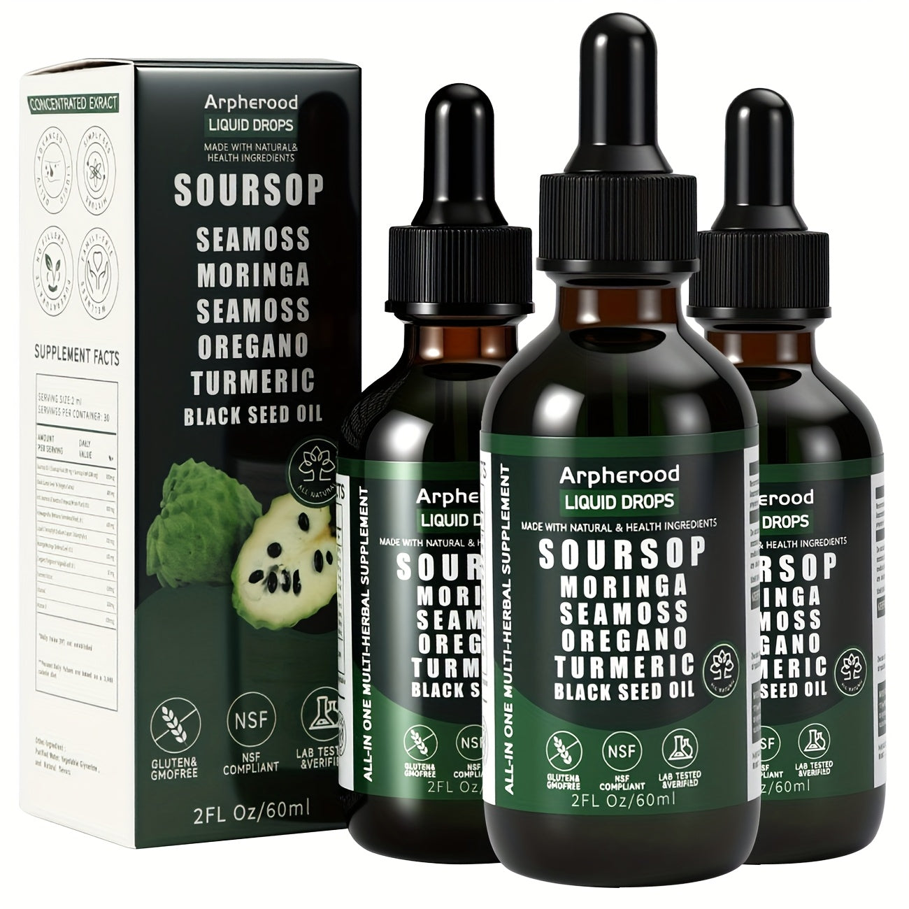 Soursop Graviola Liquid Drops 2 Fl Oz, Leaf & Fruit Blend with Sea Moss, Elderberry & Black Seed Oil