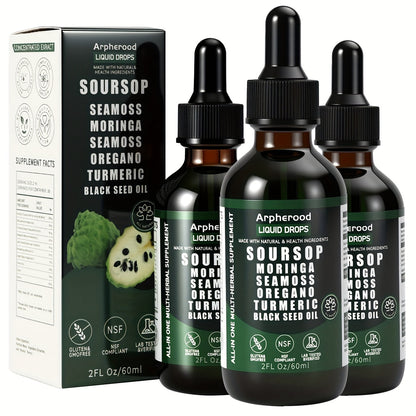 Soursop Graviola Liquid Drops 2 Fl Oz, Leaf & Fruit Blend with Sea Moss, Elderberry & Black Seed Oil