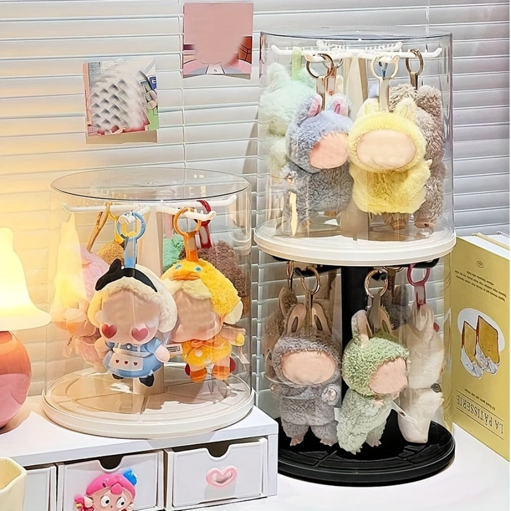 LABUBU Display Case 360 Rotating Acrylic Box with Dust Cover – Plush Toy Figure Storage Case Multi-Layer Hanging Rack for Collectible