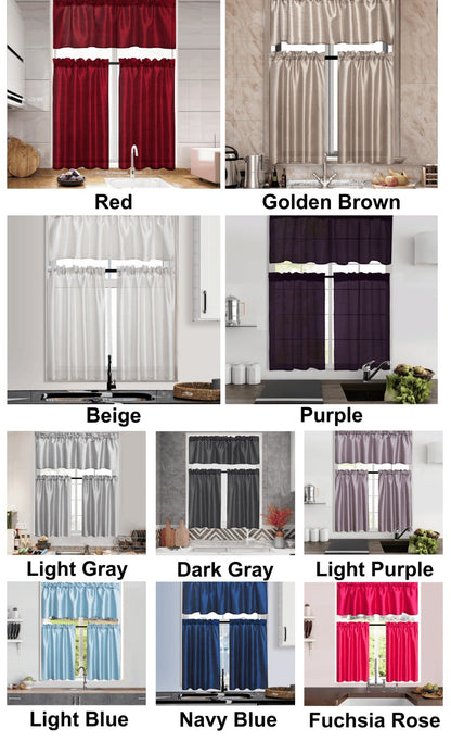 Three-Piece Faux Silk Window Curtain Set with Rod-Pocket Valance, Two 26 x 36-Inch Tiers and Eleven Colors