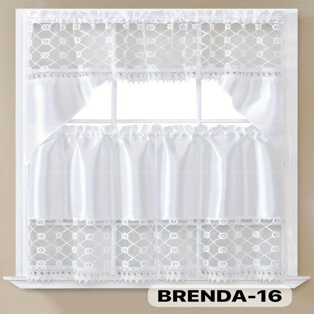 Kitchen Curtains 3 Piece Set Embroidered Satin Valance and Tiers – Rod Pocket Light Filtering Machine Washable 46 Colors