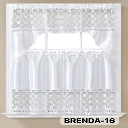 Kitchen Curtains 3 Piece Set Embroidered Satin Valance and Tiers – Rod Pocket Light Filtering Machine Washable 46 Colors