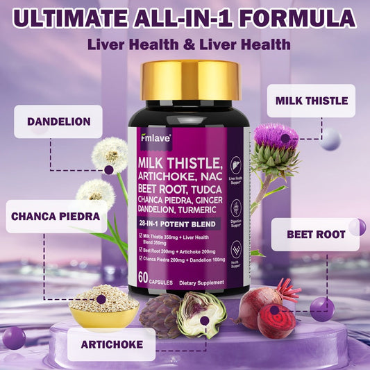 Liver Support Supplement 28-in-1 Ultimate Herbal Blend, Milk Thistle, Dandelion & Turmeric for Liver Cleanse