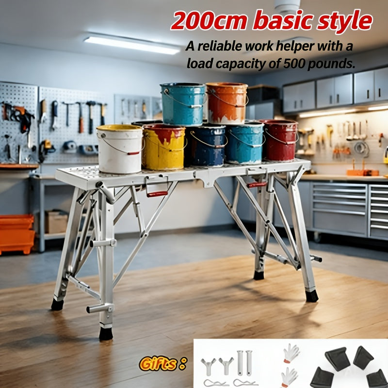 Aluminum Work Platform Height Adjustable Folding Portable Scaffold Bench Wide Base Safety Railing for Garden, Patio and Yard Use
