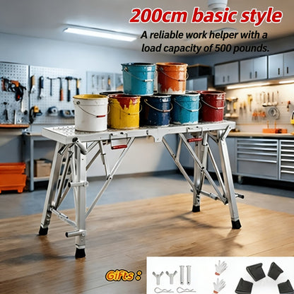 Aluminum Work Platform Height Adjustable Folding Portable Scaffold Bench Wide Base Safety Railing for Garden, Patio and Yard Use