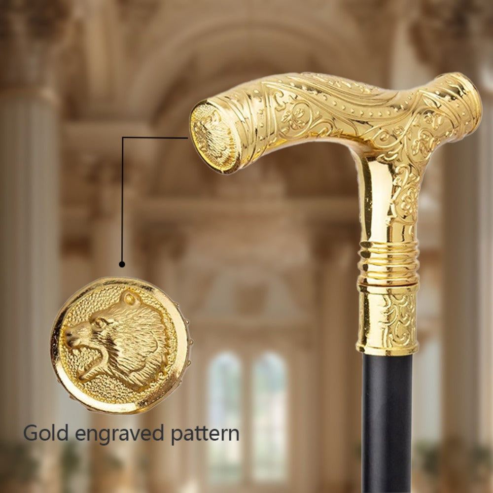 Walking Cane with Bear Head Handle Decorative Gentleman Stick Carved Flower Knob Cane Fashion Mobility Aid Staff 35.4 Inch Golden