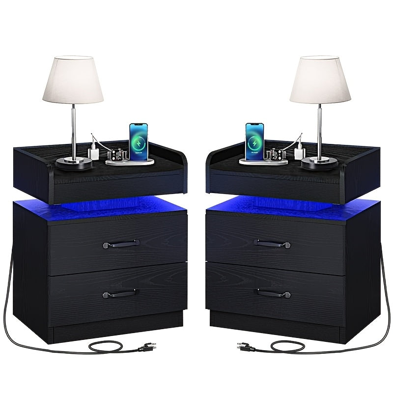 Wooden Nightstand with LED Ambient Light & Charging Station, Fabric Drawer, Blue Glow for an Everyday Personal Care Routine