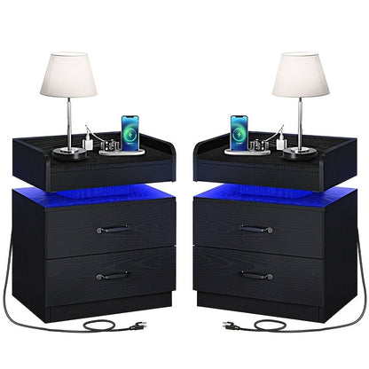 Wooden Nightstand with LED Ambient Light & Charging Station, Fabric Drawer, Blue Glow for an Everyday Personal Care Routine