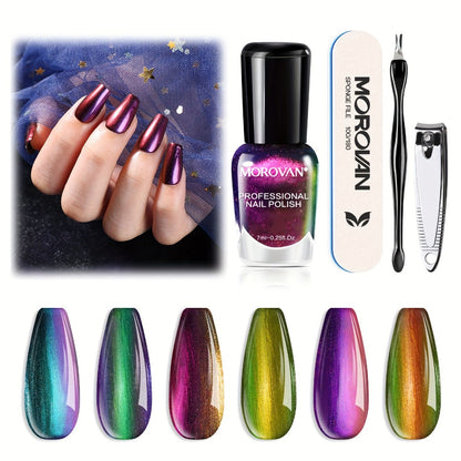 Six-Piece Holographic Nail Polish Set with Metallic Rainbow Shimmer Shades in 0.25 oz Air-Dry Bottles