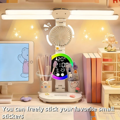 LED Desk Lamp with Built-in Fan & Touch Control, Dual Head Adjustable, USB Charging, 3 Color Modes Dimmable