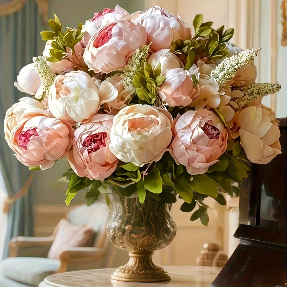 Faux Peonies Hydrangeas Artificial Flowers Vintage Silk Bouquet – Pink Green Mix Floral Centerpiece for Bridal Wedding Home Table Decor