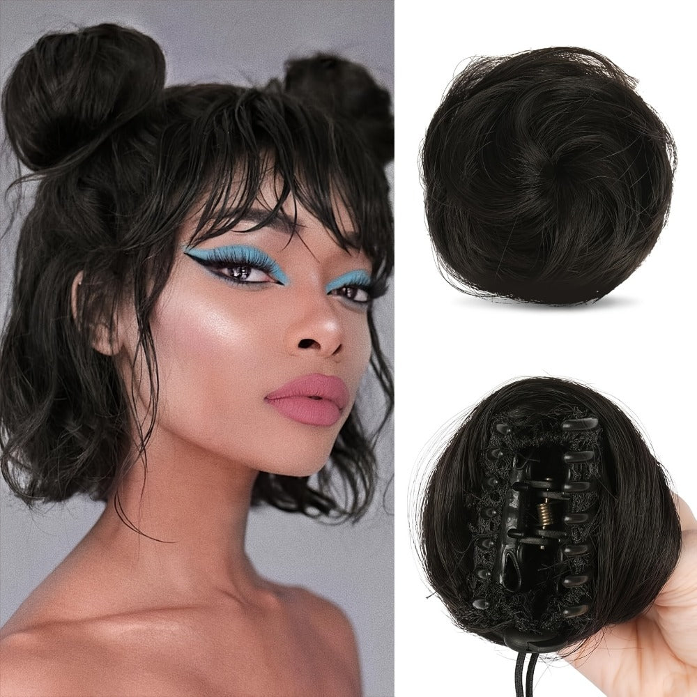 Mini Donut Bun Hairpiece with Cat Ears Claw Clip Messy Bun Synthetic Fiber Instant Updo – 2 Pcs Set for Women Girls All Hair Types Natural