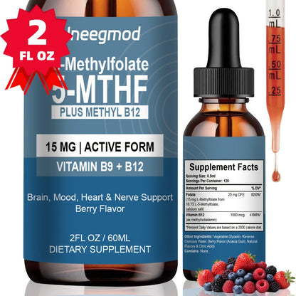L-Methylfolate 15mg Liquid Drops 2fl oz with Methylated B12, Active 5-MTHF for Brain, Heart & Nervous System Health