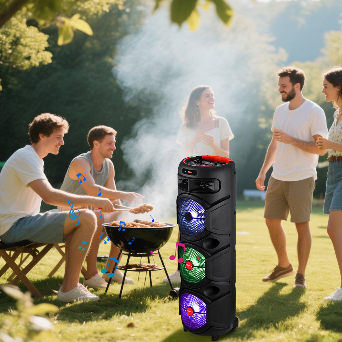 Triple 8-Inch Subwoofer PA Party Speaker with Wireless Stereo Pairing, LED Color Lights, FM Radio