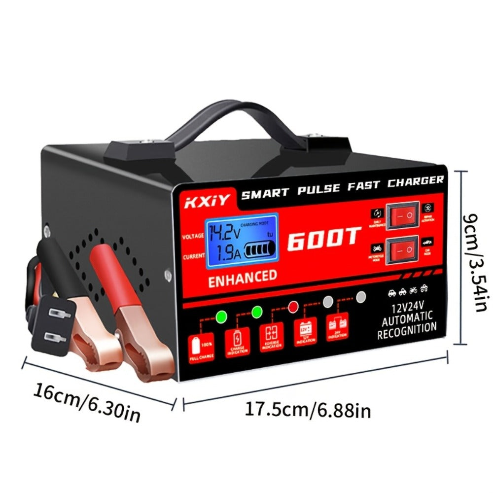 Smart Battery Charger 12V/24V with Pulse Repair & LCD Screen – Trickle Charger & Maintainer for Car, Truck, Motorcycle, Boat, Lawn Mower