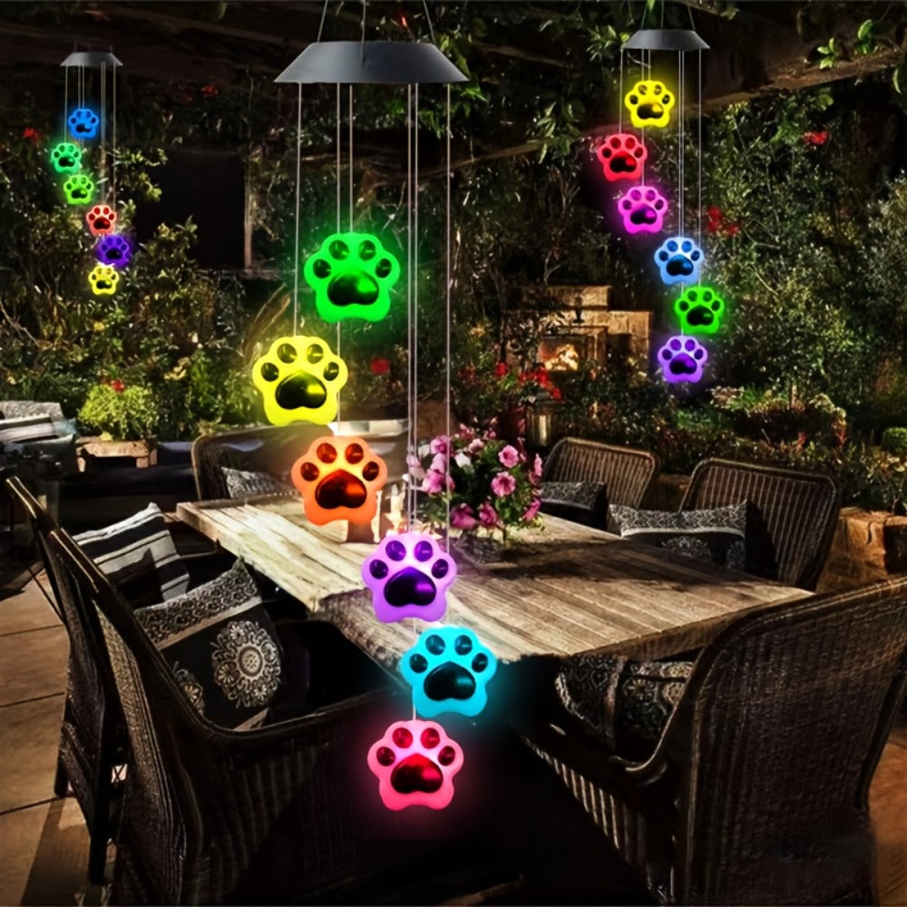 Solar Wind Chime Light Paw Print RGB Color Changing Outdoor Garden Hanging Decoration for Entryways, Bedrooms and Living Spaces