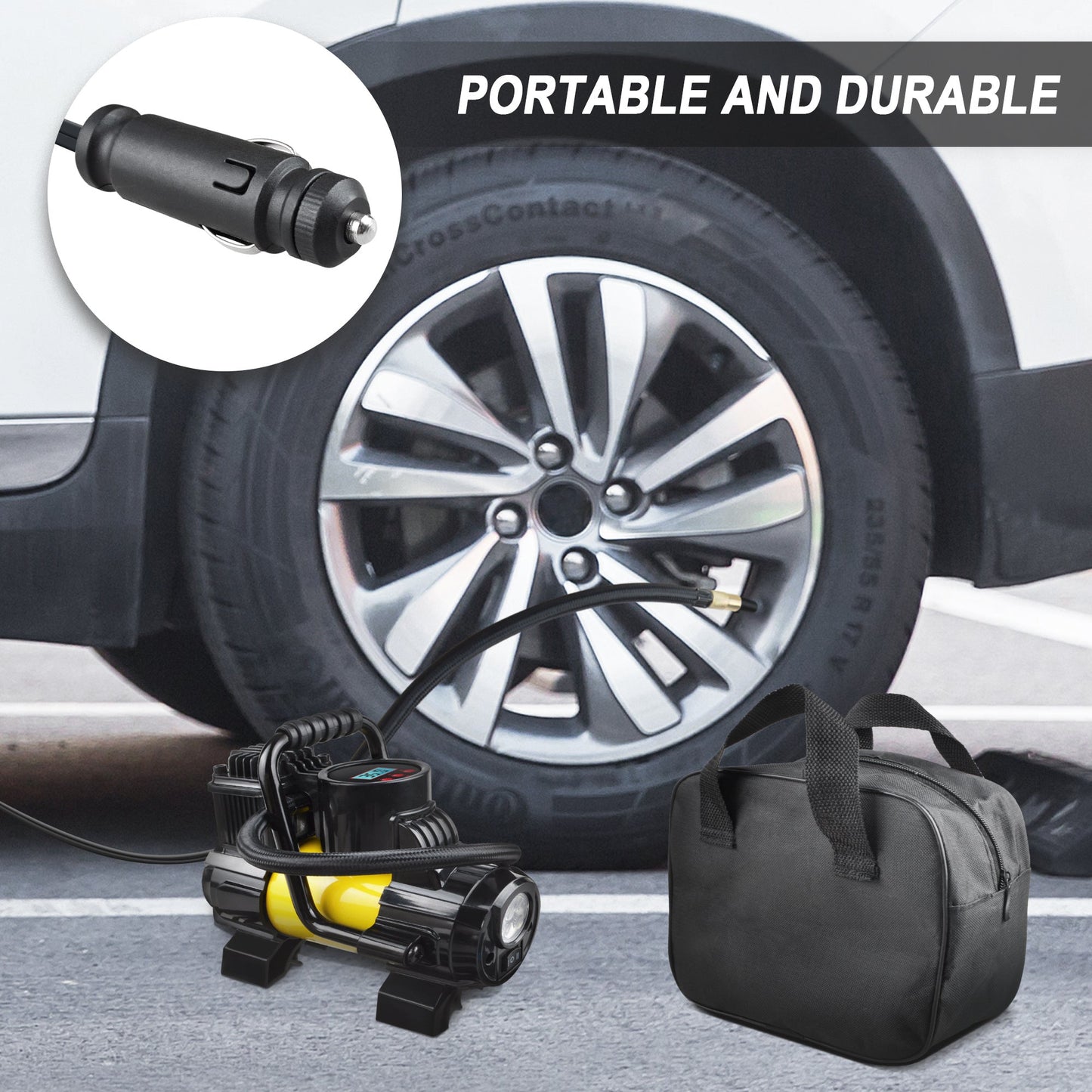 150 PSI 12V Tire Inflator with Analog Pressure Gauge, Carry Bag, Hose Accessories and Yellow or Blue Housing