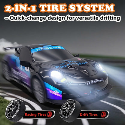 Alloy RC Drift Car 1:24 Scale 4WD 28KM/H with Drift Tires LED Lights Barricades & 2 Batteries