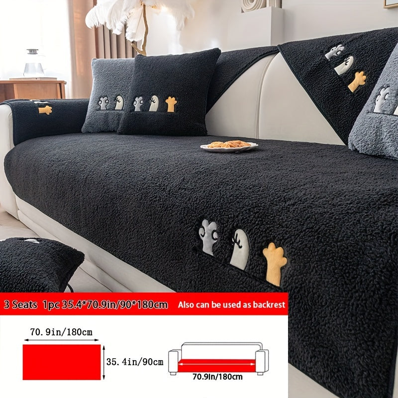 Sofa Cover Thick Plush Shearling Panels with Animal and Bone Embroidery and Backing Detail for 2 to 4 Seats