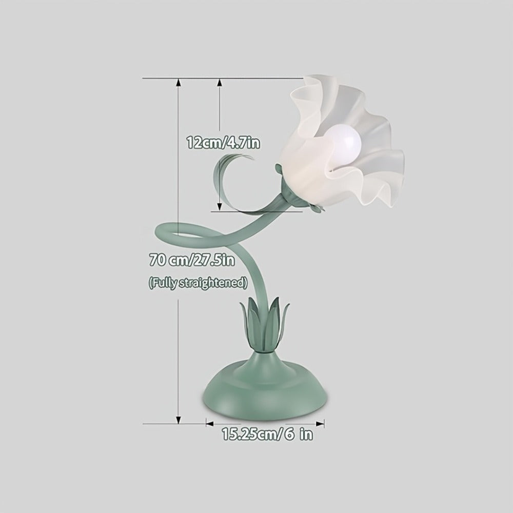 Table Lamp with Green Bellflower Stem, Floral Shade, Corded Power and Single Botanical Design