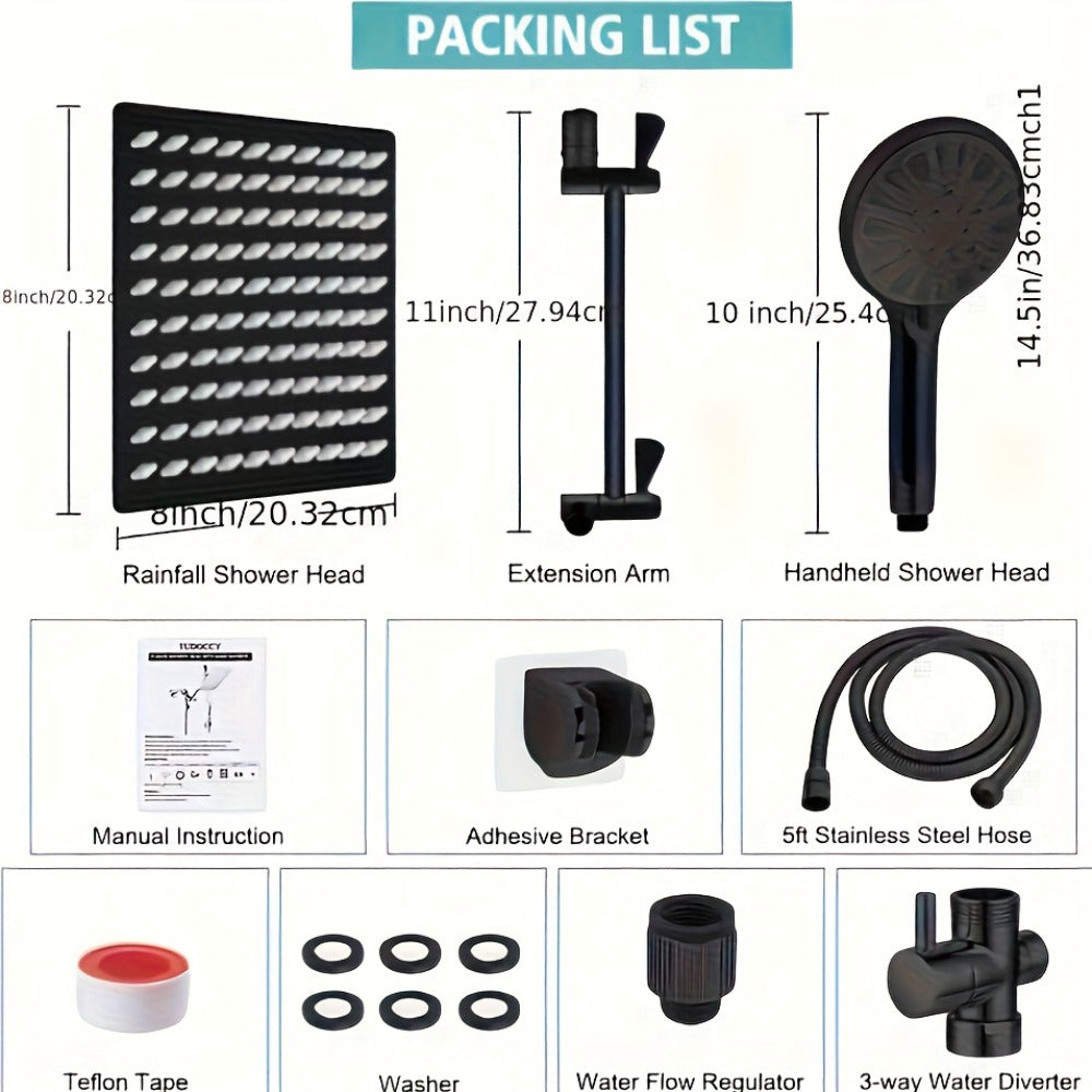 High Pressure Shower Head Combo with Handheld Shower Wall Mounted 9 Spray Settings Rainfall Shower System Adjustable Angle Leakproof