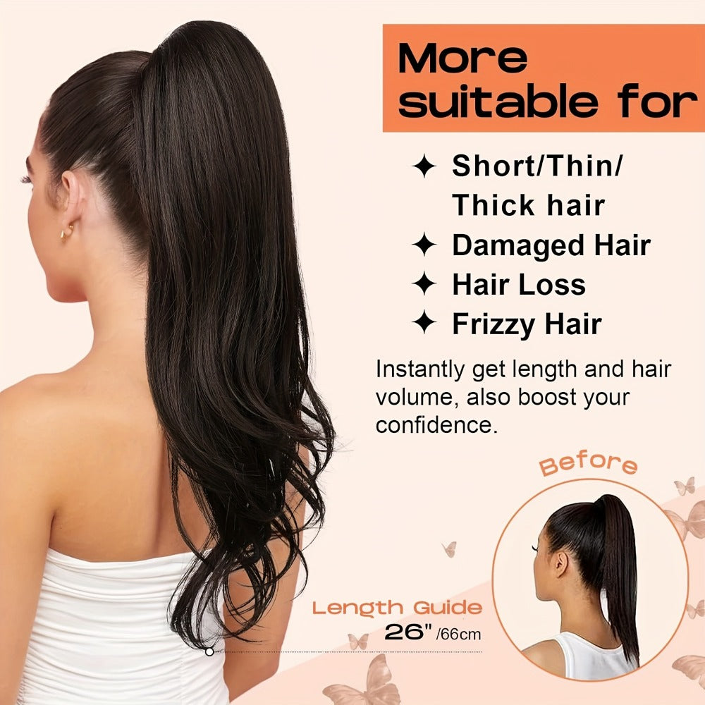 Drawstring Ponytail Extension for Women Long Wavy Layered Wrap Around Clip In Synthetic Pony Tail 26 Inch No Glue No Heat Blonde Brown Ash