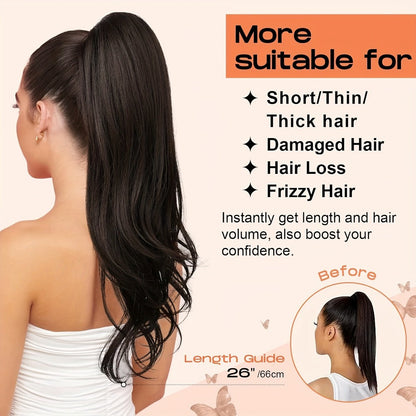 Drawstring Ponytail Extension for Women Long Wavy Layered Wrap Around Clip In Synthetic Pony Tail 26 Inch No Glue No Heat Blonde Brown Ash