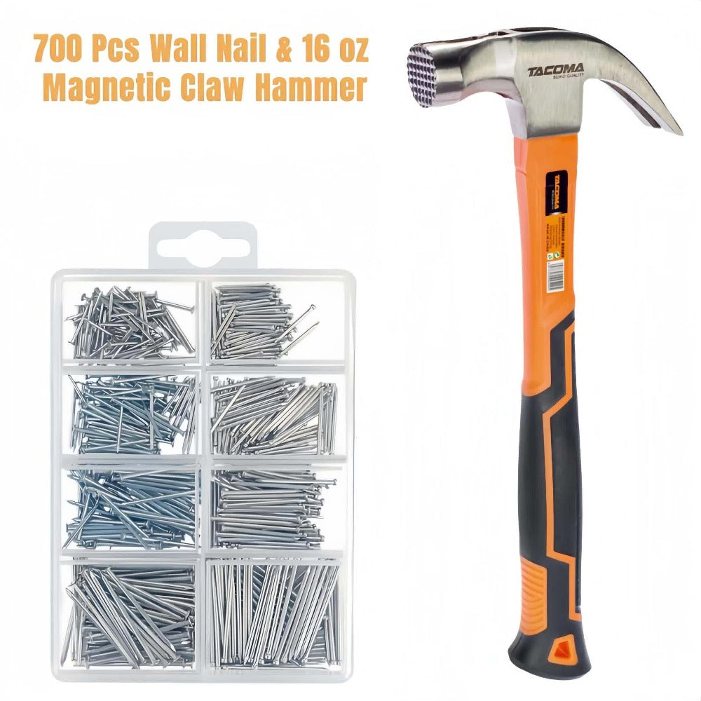 Claw Hammer & 700-Piece Nail Kit, 8oz or 16oz Forged Steel Magnetic Hammer with Galvanized Picture Hanging & Finishing Nails