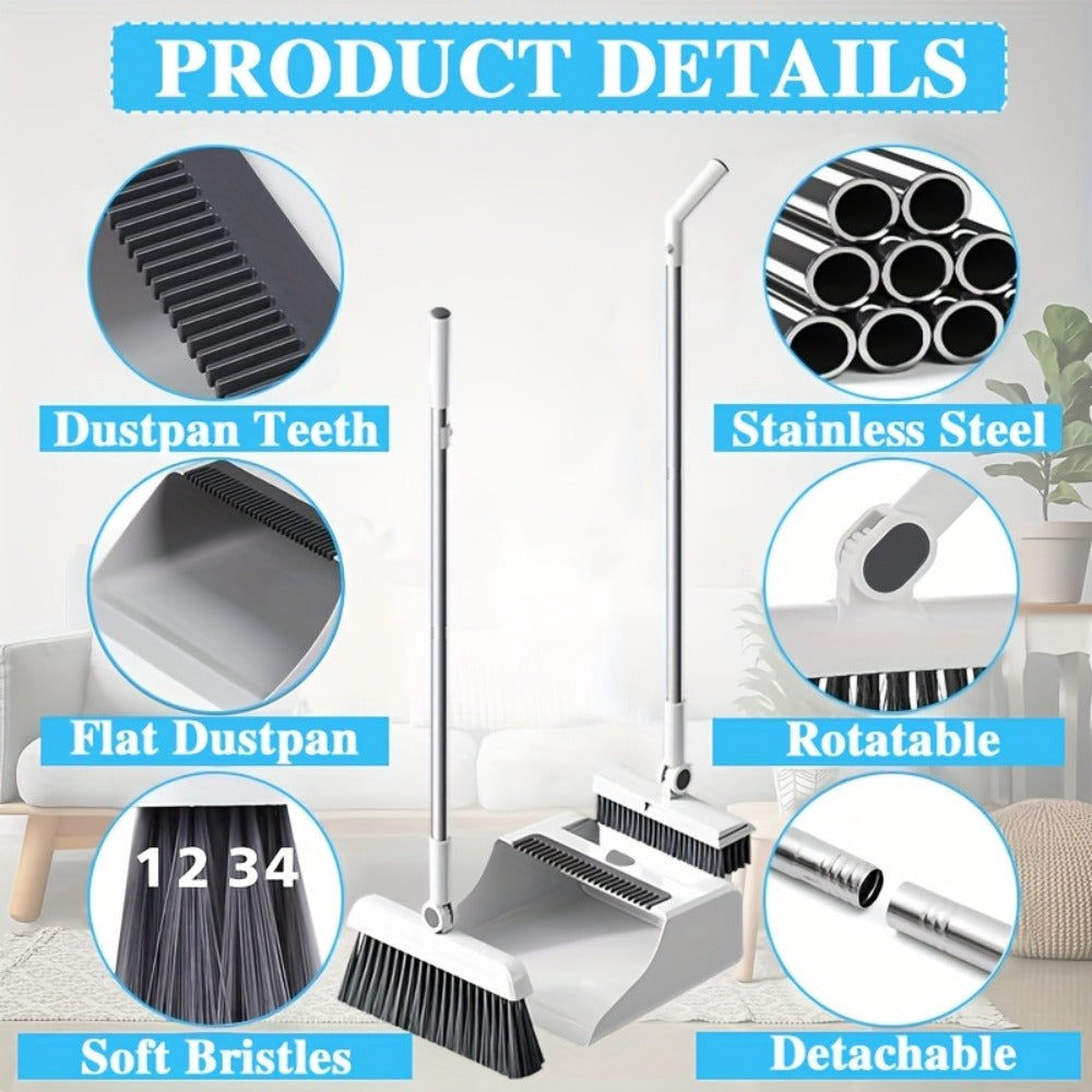 Broom and Dustpan Set with Long Handle - 2-in-1 3-in-1 4-in-1 Foldable Broom Dustpan Combo with Floor Brush for Home Office Dorm Room