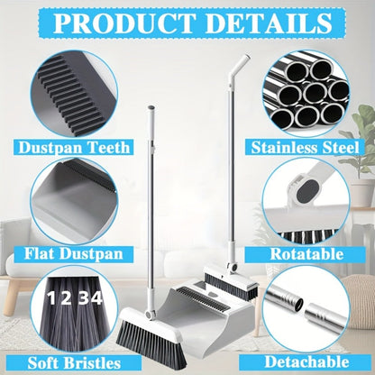 Broom and Dustpan Set with Long Handle - 2-in-1 3-in-1 4-in-1 Foldable Broom Dustpan Combo with Floor Brush for Home Office Dorm Room