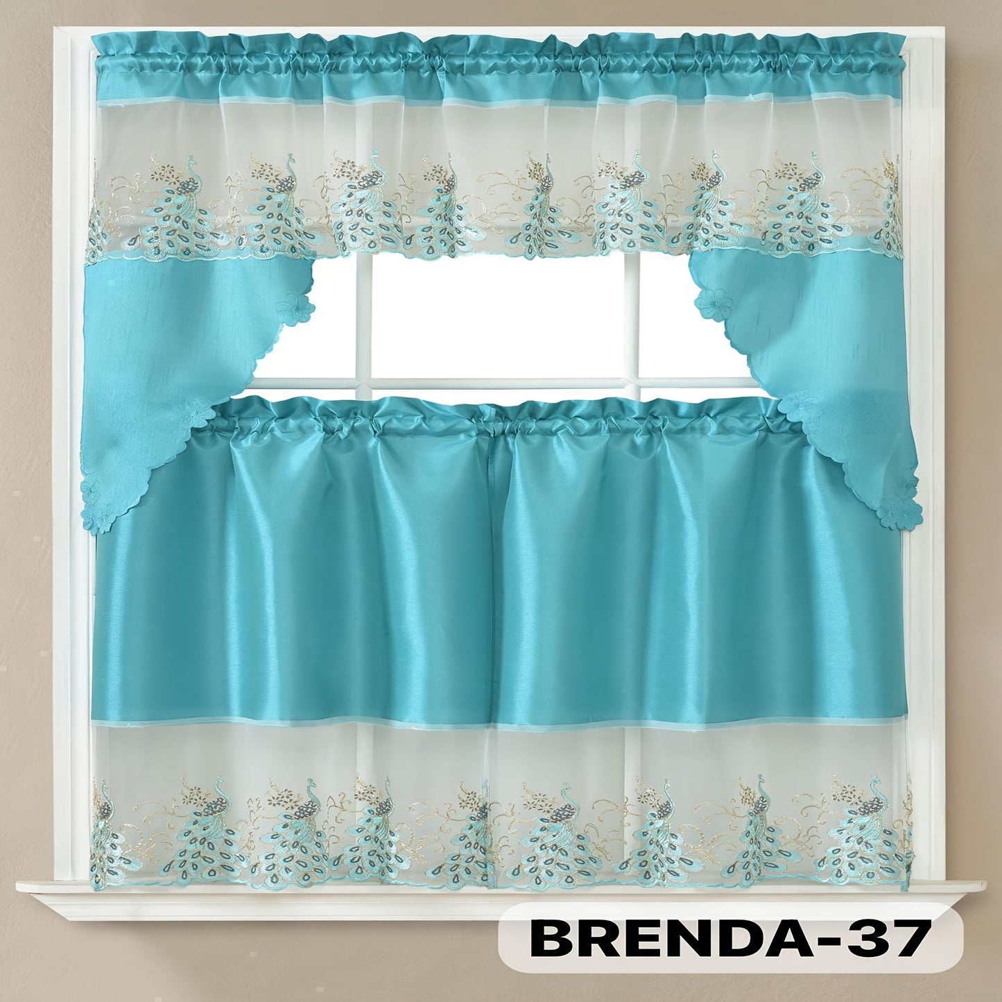 Kitchen Curtains 3 Piece Set Embroidered Satin Valance and Tiers – Rod Pocket Light Filtering Machine Washable 46 Colors