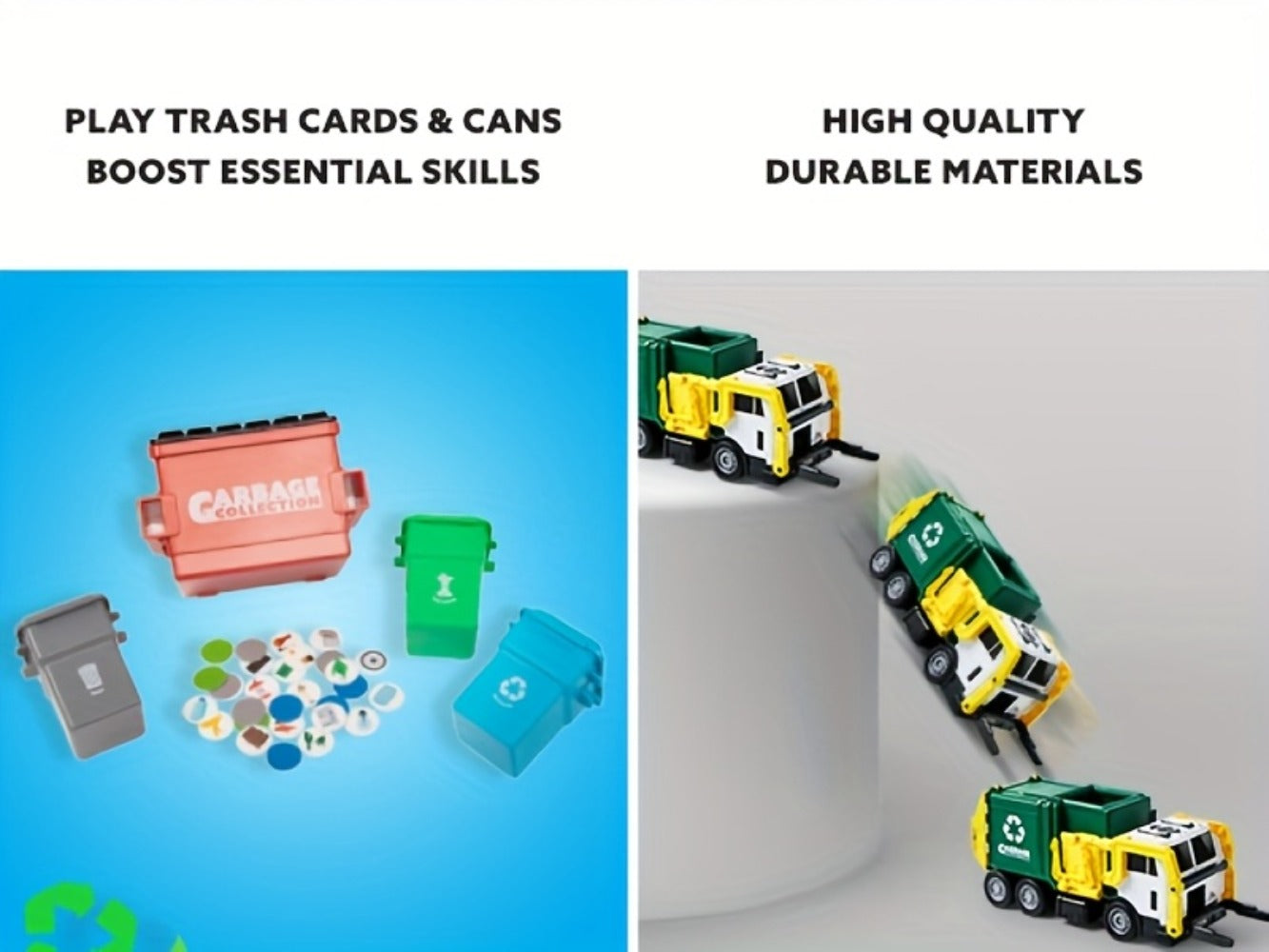 Garbage Truck Toy Set 16-Inch Large Friction-Powered with Lights & Sounds, Color-Coded Trash Bins