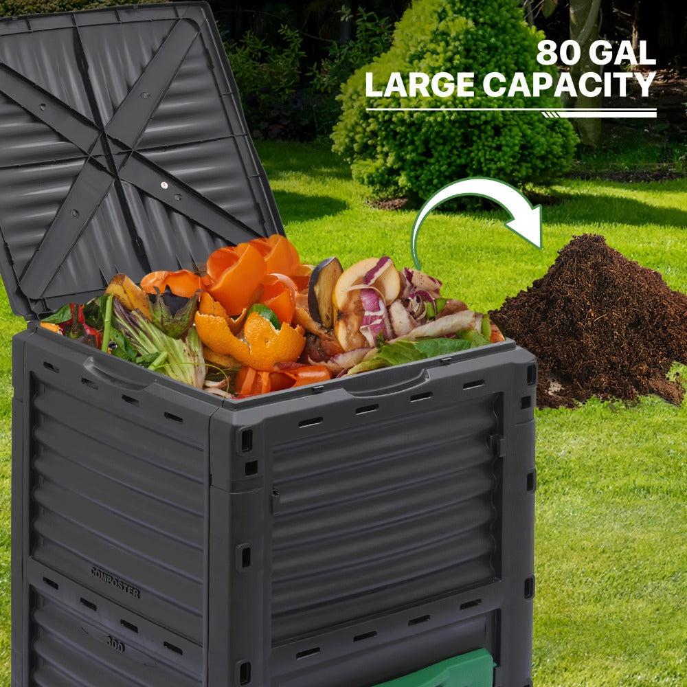 80 Gallon Large Compost Bin Outdoor Tumbler Rotating Dual Chamber Composter with Sliding Door for Garden Patio All-Season Fast Working