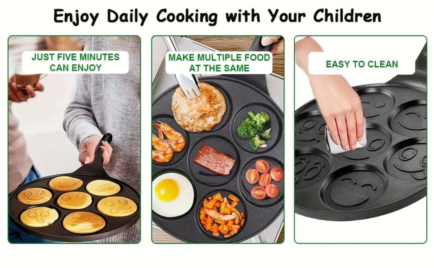Non-Stick Pancake Pan 7-Hole Smiley Face, Fun Breakfast Egg & Bacon Frying Tray for Kids & Family