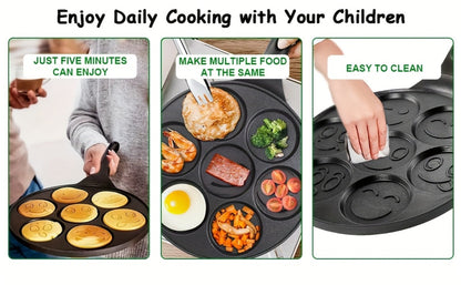 Non-Stick Pancake Pan 7-Hole Smiley Face, Fun Breakfast Egg & Bacon Frying Tray for Kids & Family