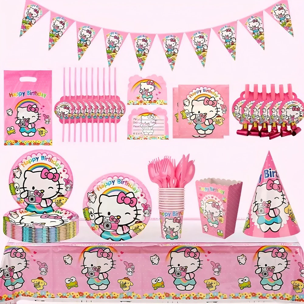 Party Decorations Hello Kitty 139-Piece Pink Birthday Set with Tableware, Banner, Balloons and Tablecloth