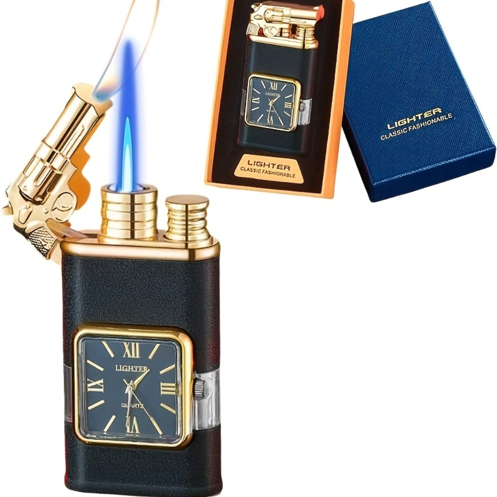 Double Flame Windproof Lighter Creative Retro Metal Lighter Dragon Eagle Gun Shape Quartz Dial Portable Outdoor Lighter Men Gift Box Butane