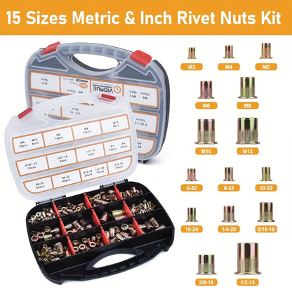 Rivet Nut Tool Kit 16-Inch – Hand Riveter Set with 15 Mandrels M3-M12 & 6-32 to 1/2-13, 300 Metric & SAE Rivet Nuts Included