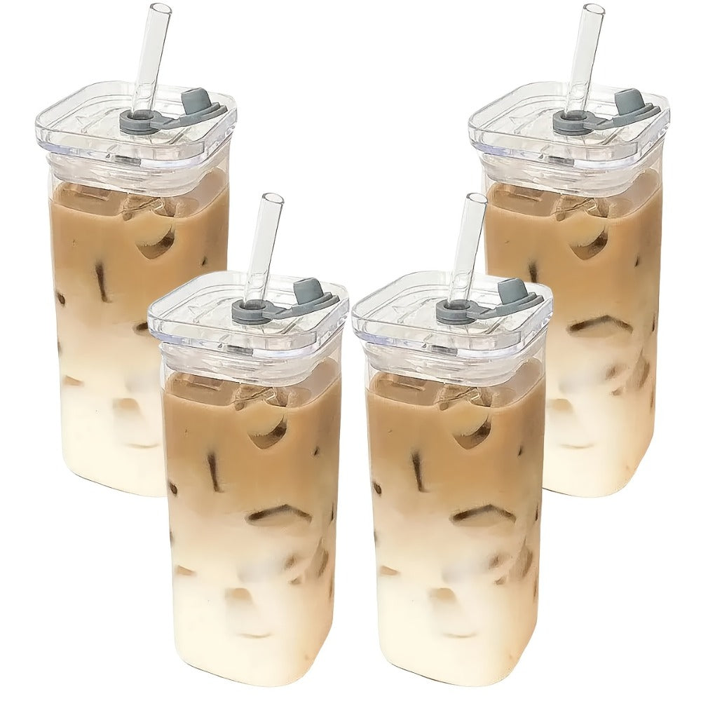 Square Glass Cup Drinkware Set, 13oz Clear Cups with Lids, Straws and Cleaning Brush in 4, 6 or 8 Pieces