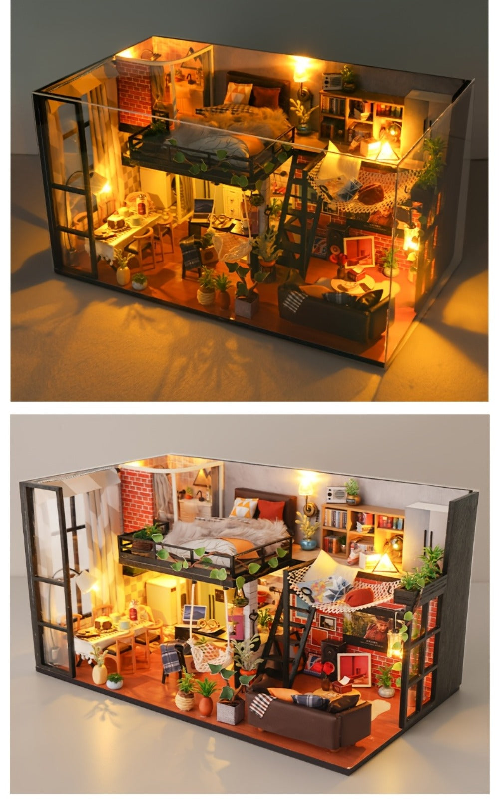 DIY Dollhouse Kit 2 Story with Dust Cover, Handmade Miniature House Model with Furniture Parts, No Glue No Batteries