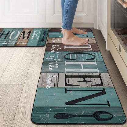 Diatomaceous Earth Kitchen Mat Set 2pcs – Non-Slip Anti-Fatigue Rug for Kitchen Bathroom Bedroom Hallway, Green Brown Wood Plank Pattern