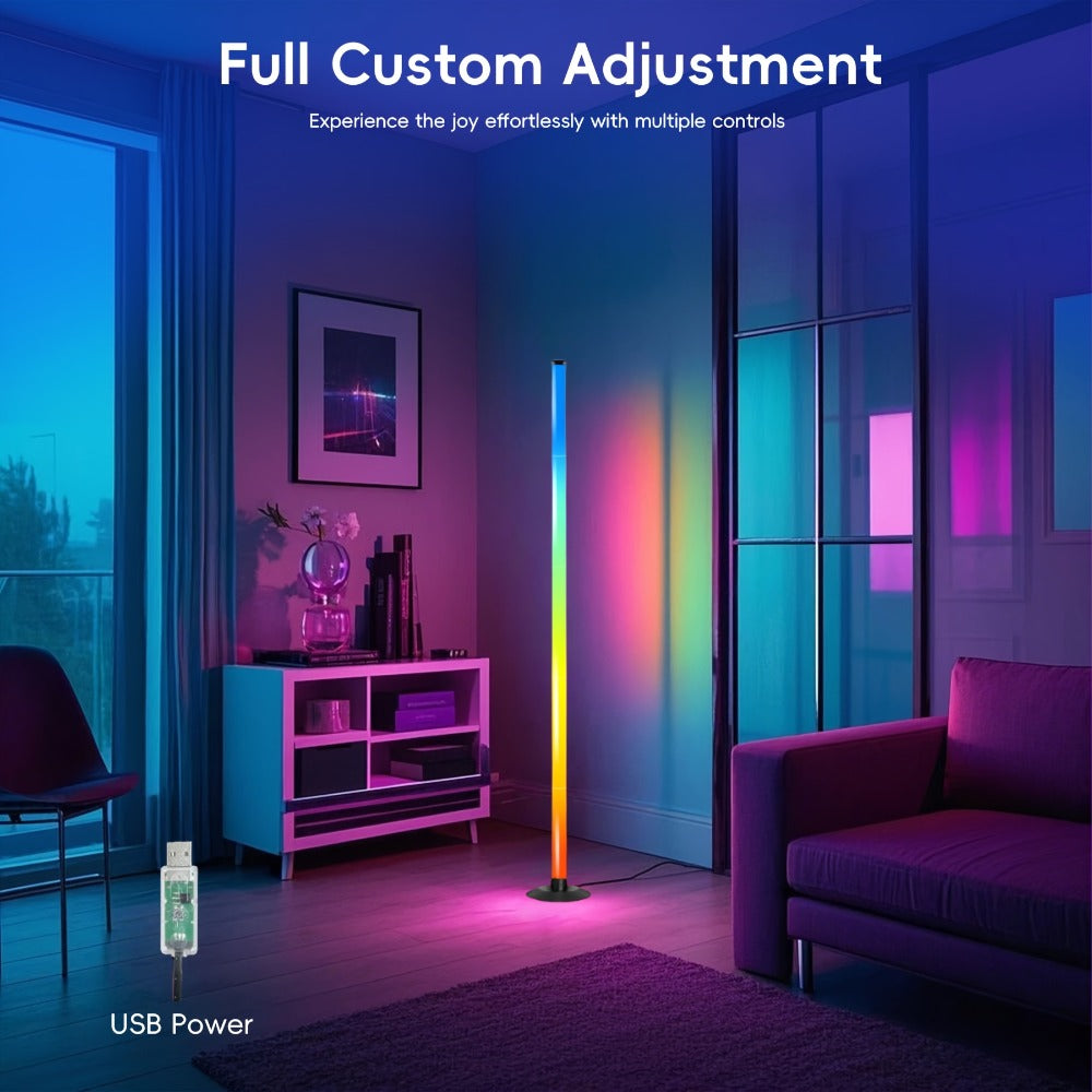 Slim RGB+IC Corner Floor Lamp with Segmented Light Bar, App and Remote Controls, Music Sync and One- or Two-Lamp Options
