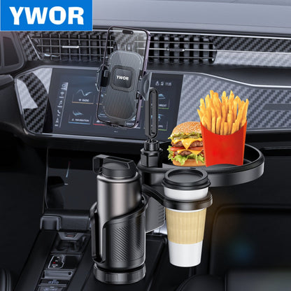 Car Cup Holder Expander with 7.7 Inch Tray, 2.7 Inch Drink Ring, Phone Mount and 58-86 mm Adjustable Base