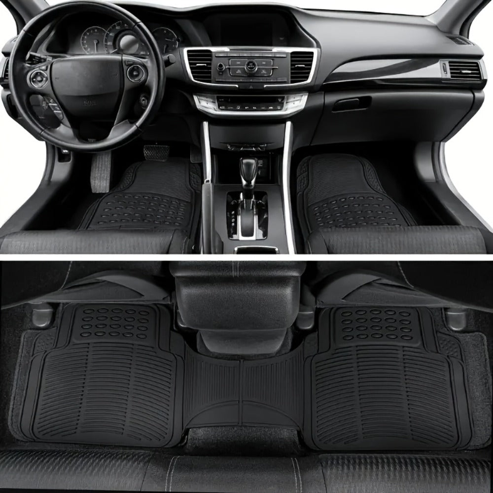 Molded Black Car Floor Mats, Three-Piece PVC Set with Two Front Mats, Rear Liner and Trim Guides