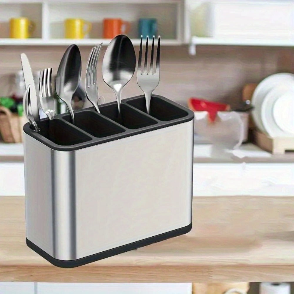 Utensil Holder Stainless Steel Cutlery Organizer 4-Compartment Countertop Caddy Anti-Slip for Home Cooking, Dining and Outdoor Meals
